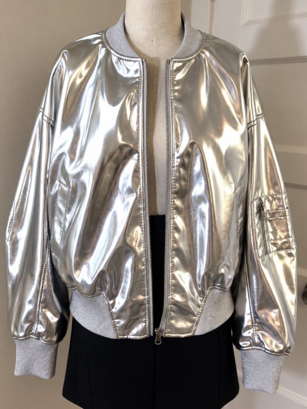Forever 21 Women's Silver metallic bomber Jacket